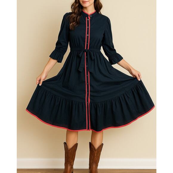 Holly Shae Catherine Woven Dress Navy Blue Pink Piping Maxi Dress Womens Large - Picture 1 of 12